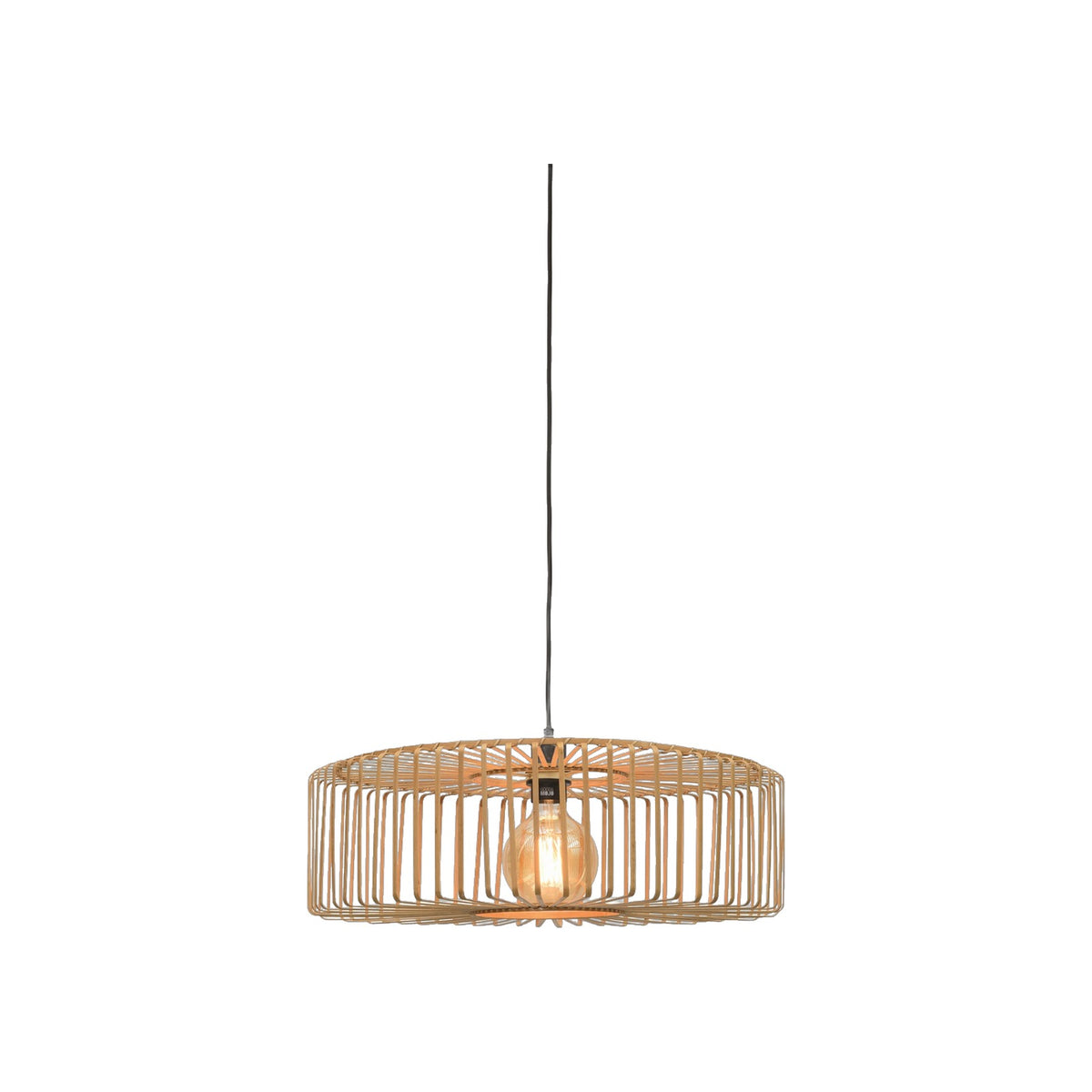 Suspension Bromo ø 60 cm en lattes de bambou naturel allumée avec son cordon noir