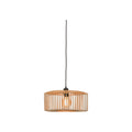 Suspension Bromo tambour en lattes de bambou naturel allumée sur fond blanc