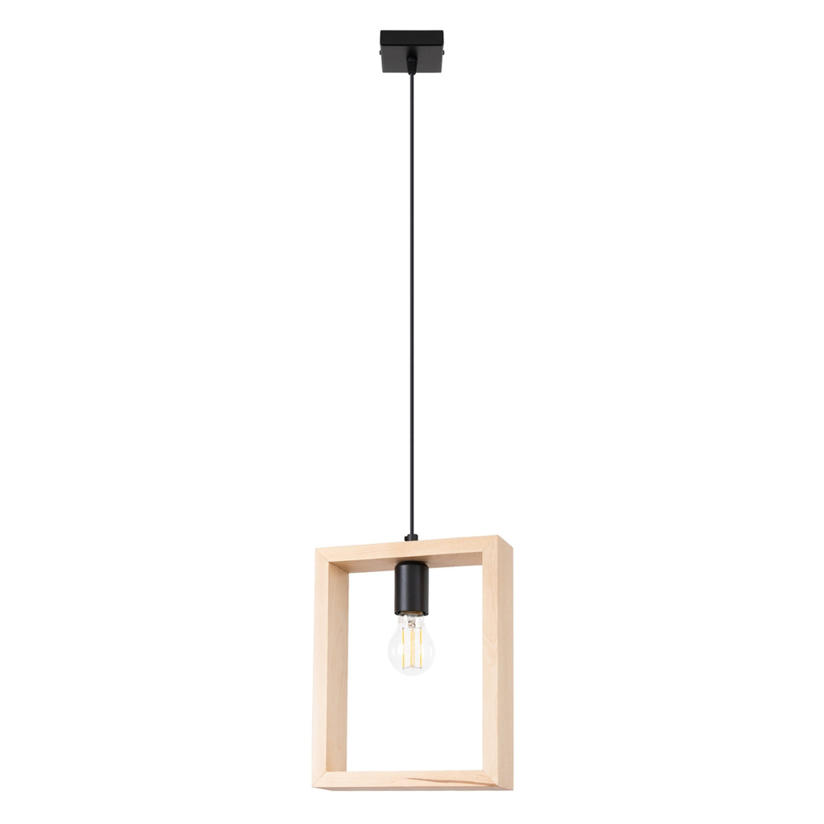 Suspension Aries bois naturel cadre rectangulaire ouvert avec douille noire et ampoule apparente