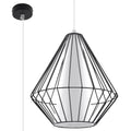 Suspension cage Demi en fils d'acier noir en forme de diamant avec cône intérieur blanc et rosace noire