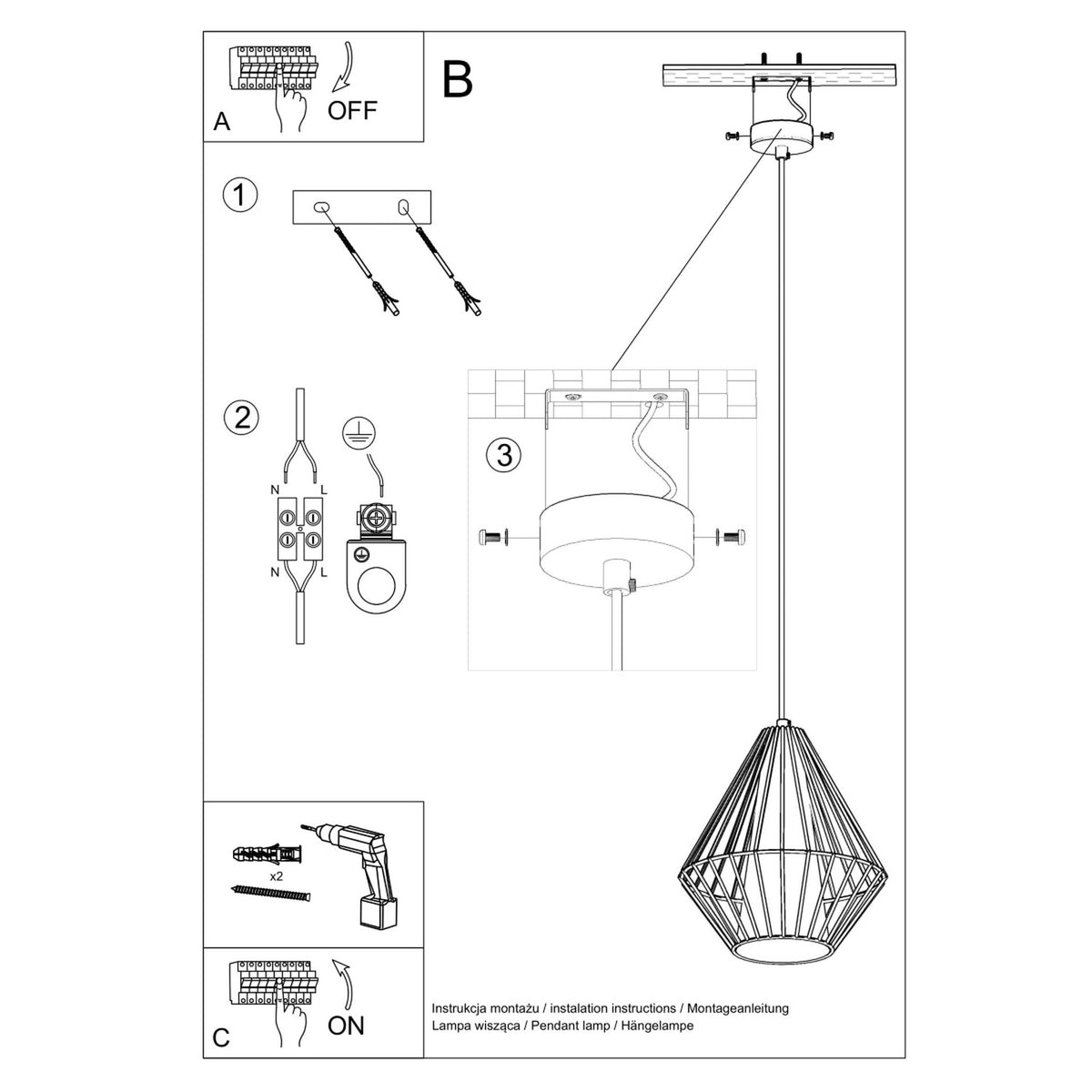 Schéma de montage de la suspension Demi fixation au plafond raccordement et mise à la terre
