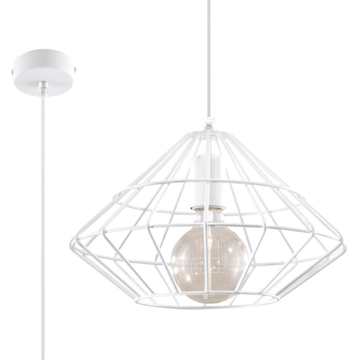 Suspension cage diamant Umberto en métal blanc avec ampoule globe à filament et rosace sur fond blanc