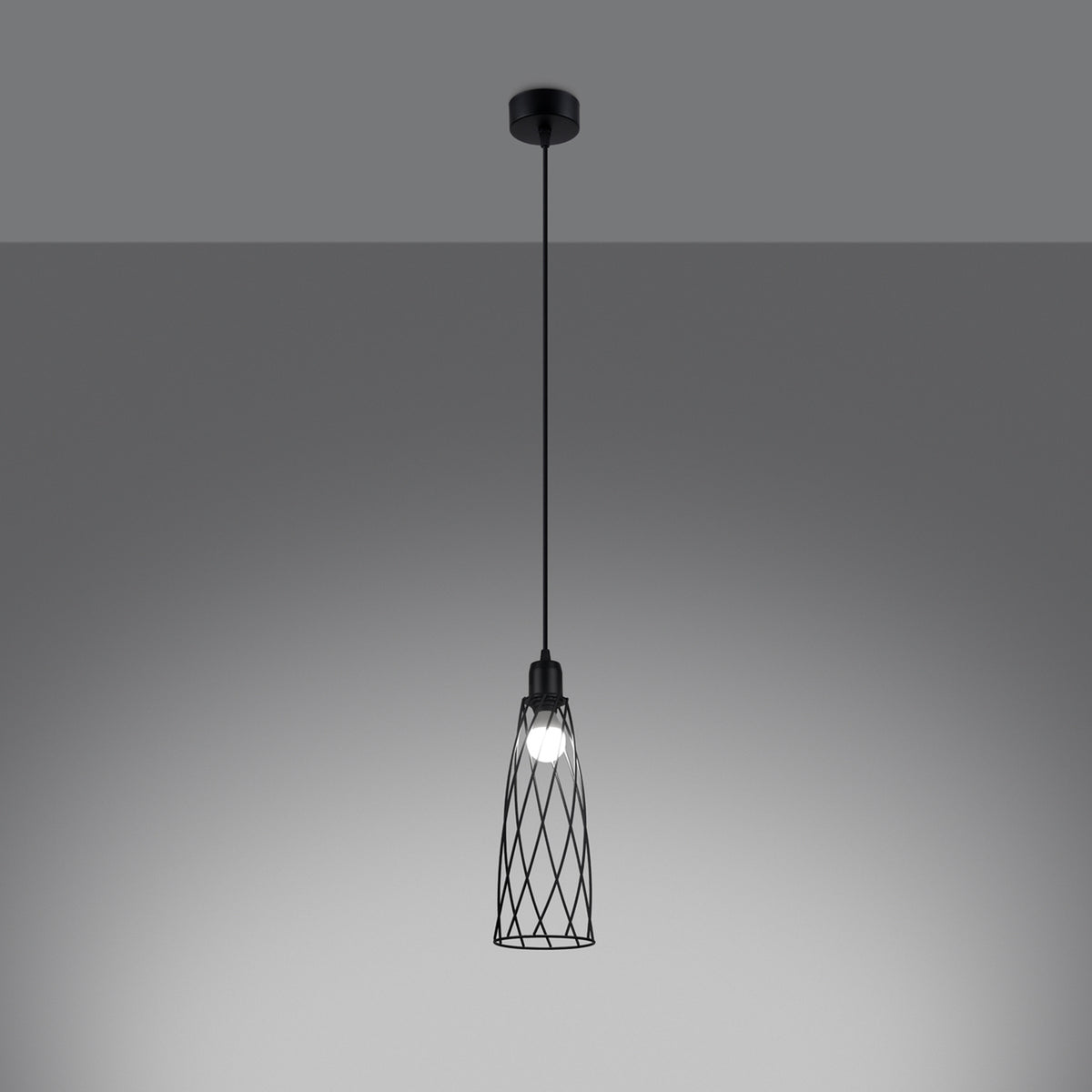 Suspension Suba noire allumée avec l'ampoule visible à travers la cage