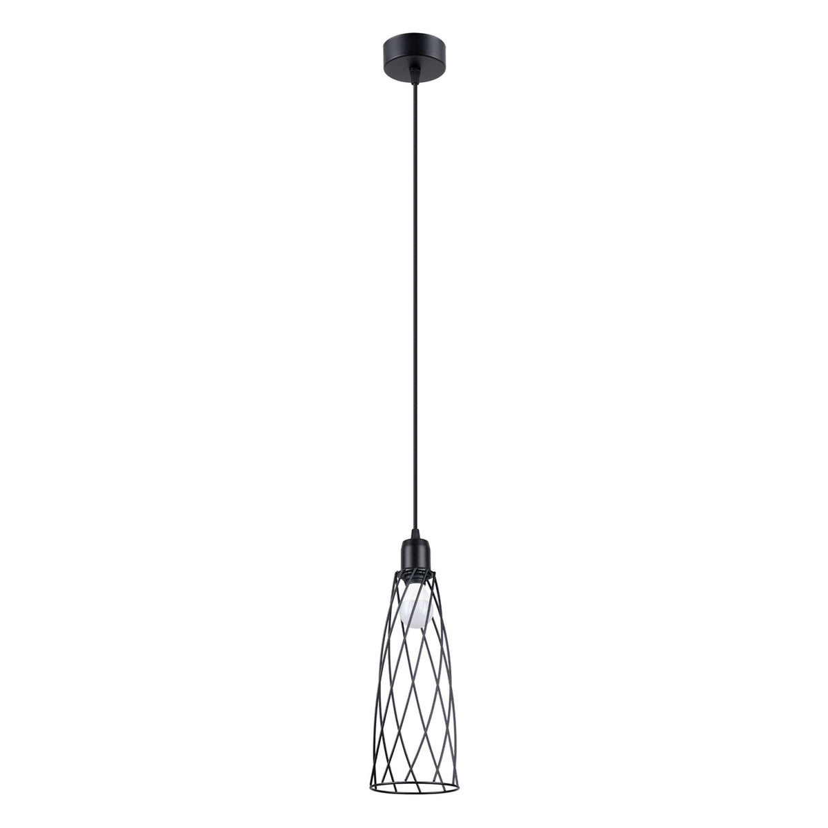 Suspension cage Suba en fil d'acier noir avec rosace ronde et ampoule E14 apparente