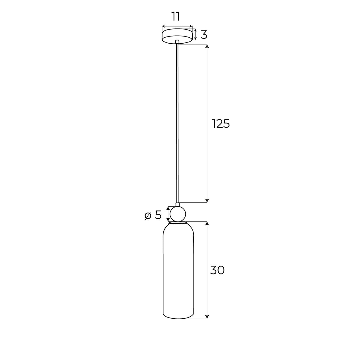 Schéma coté suspension Campanila rosace 11 cm câble 125 cm bille 5 cm et verre de 30 cm de haut