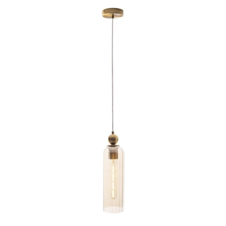 Suspension Campanila verre ambré détourée tube de verre strié bille et rosace en laiton