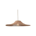 Suspension Cancun en rotin naturel allumée grand abat-jour conique plat en forme de chapeau sous son cordon beige