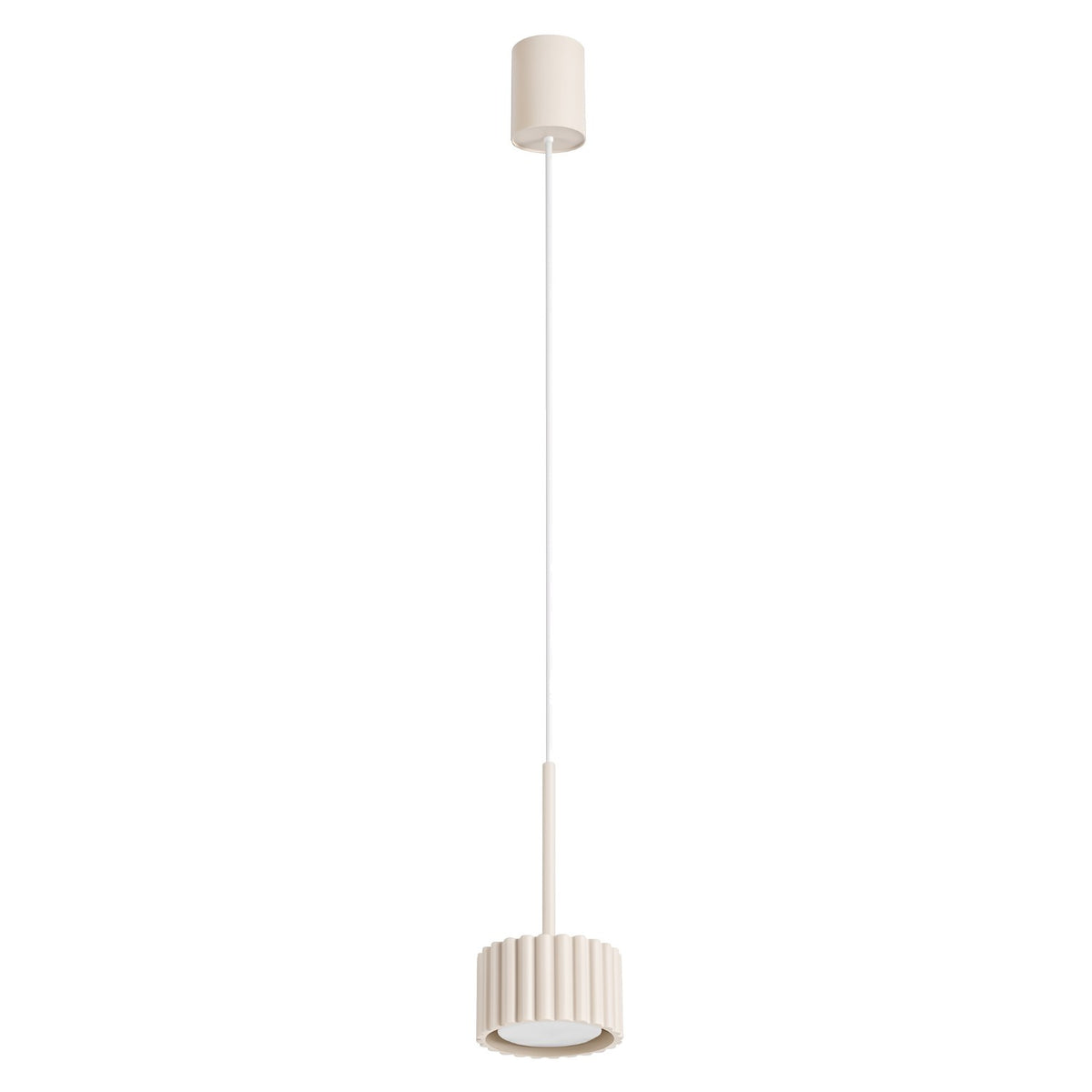 Suspension Aura 1 en laque beige sur fond blanc avec sa rosace cylindrique et son tambour cannelé