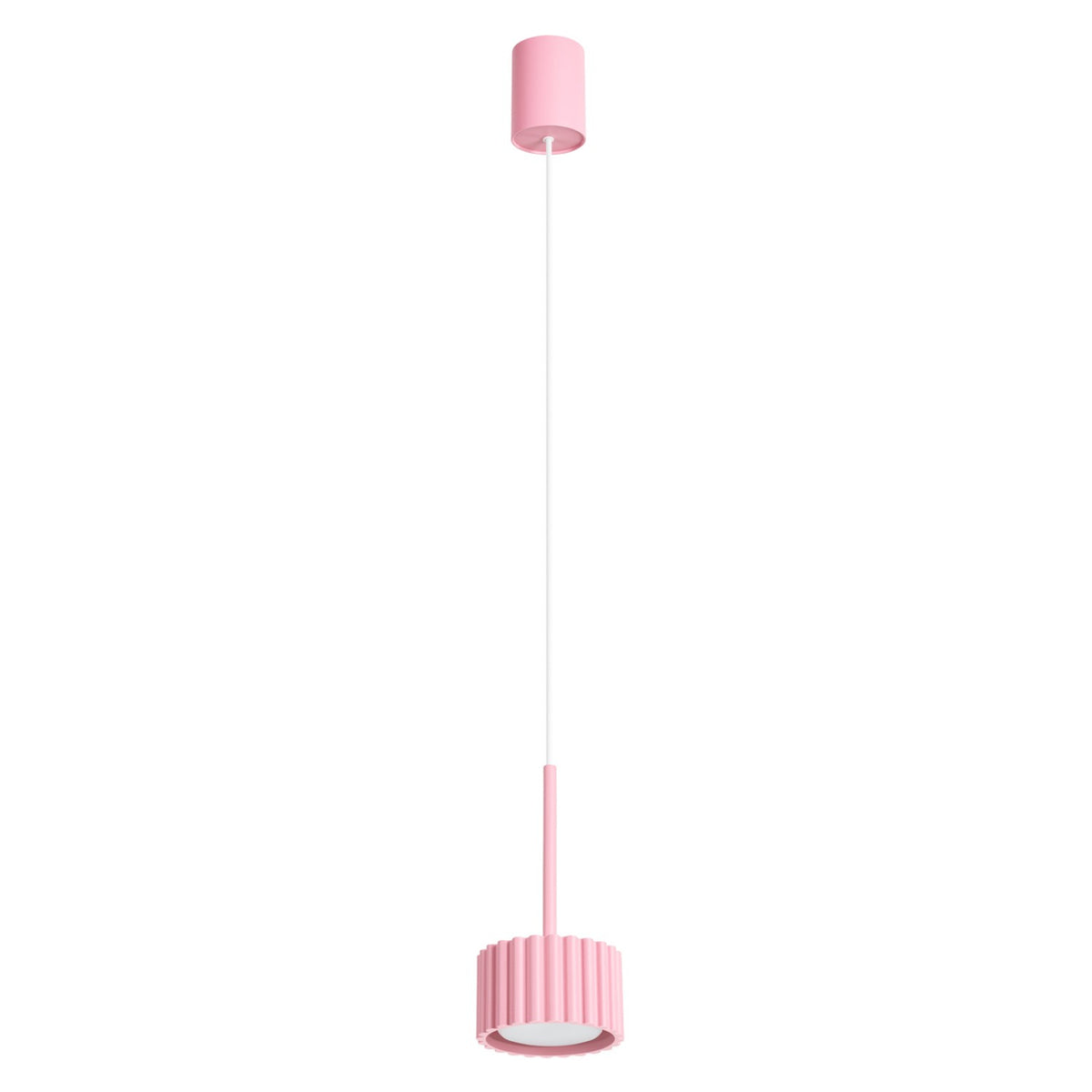 Suspension Aura 1 en laque rose sur fond blanc avec sa rosace cylindrique et son tambour cannelé