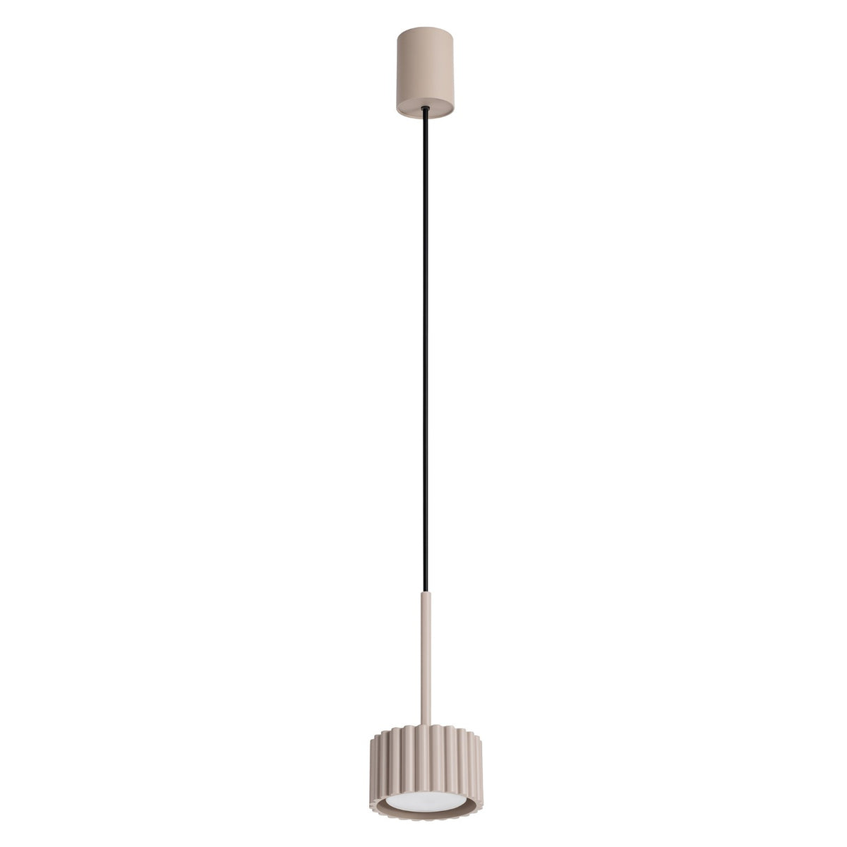 Suspension Aura 1 en laque taupe sur fond blanc avec sa rosace cylindrique et son tambour cannelé