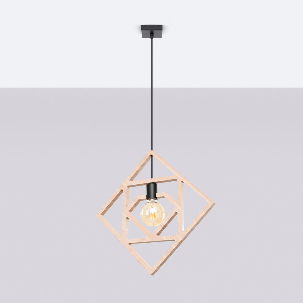 Suspension Caro cadre géométrique bois naturel E27, vue de profil