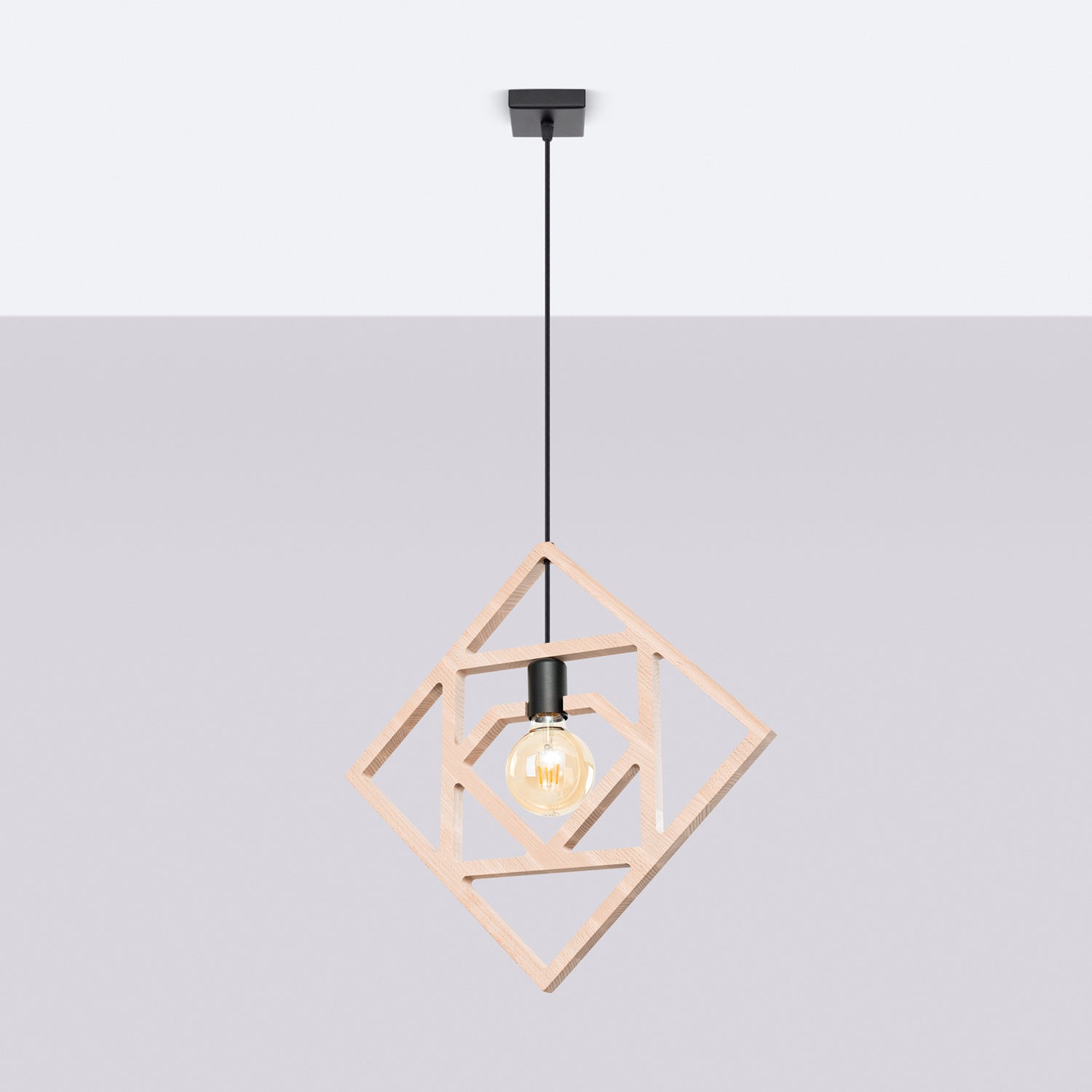 Suspension Caro cadre géométrique bois naturel E27, vue de profil