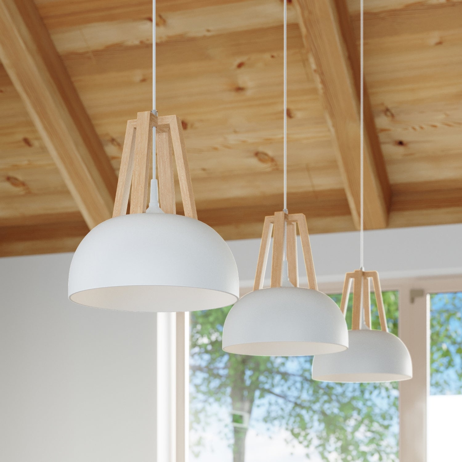 Suspension Casco métal blanc et bois naturel en situation dans un intérieur