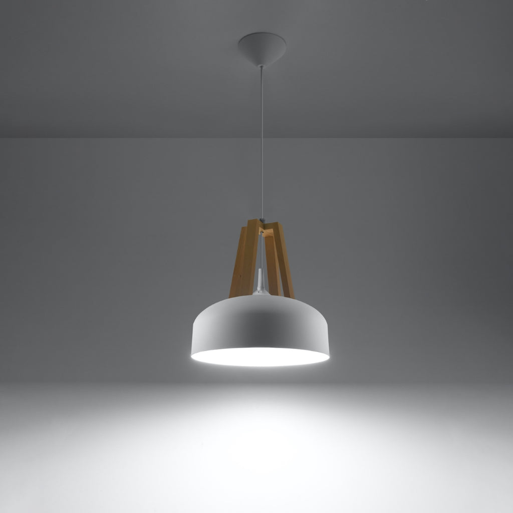Suspension Casco métal blanc et bois naturel, détail de la cage en bois