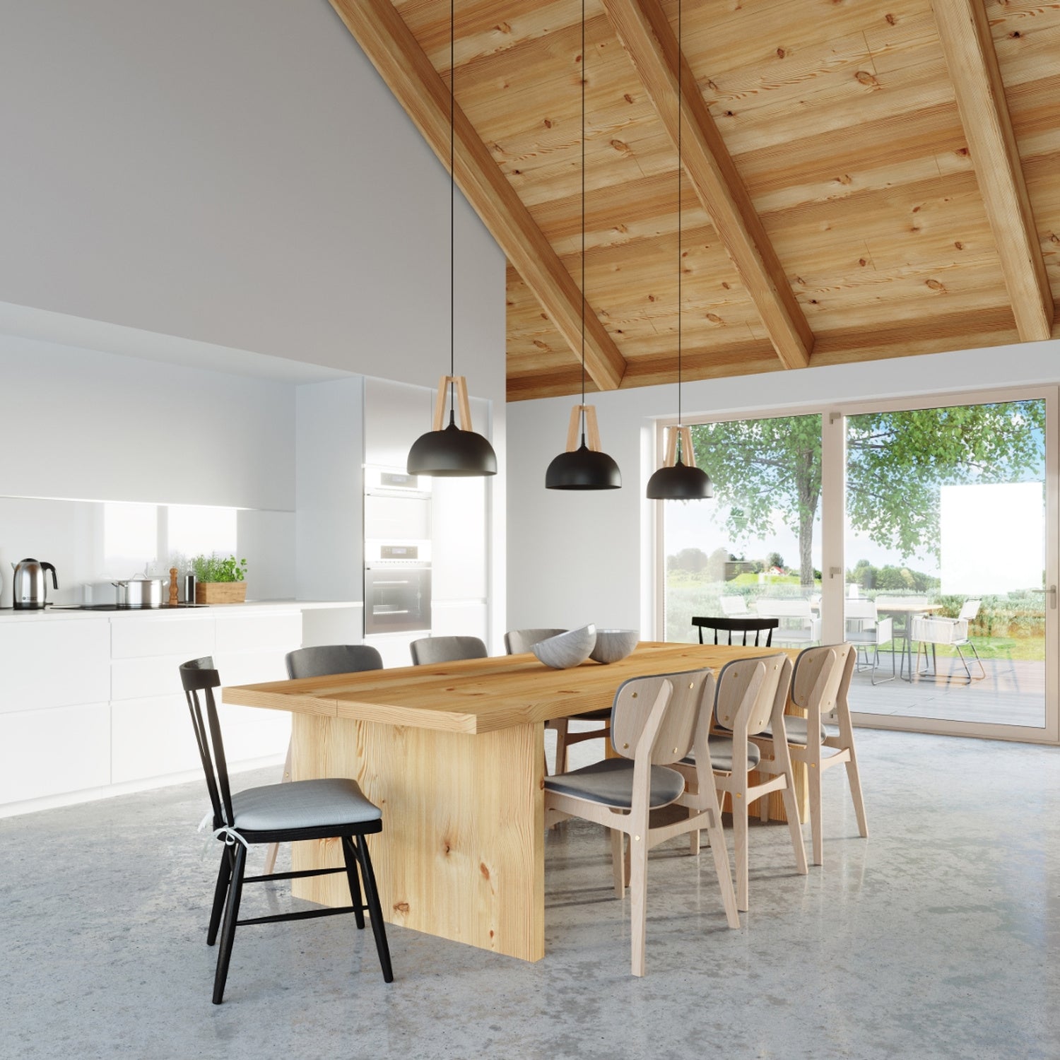Suspension Casco métal noir et bois naturel dans une pièce contemporaine