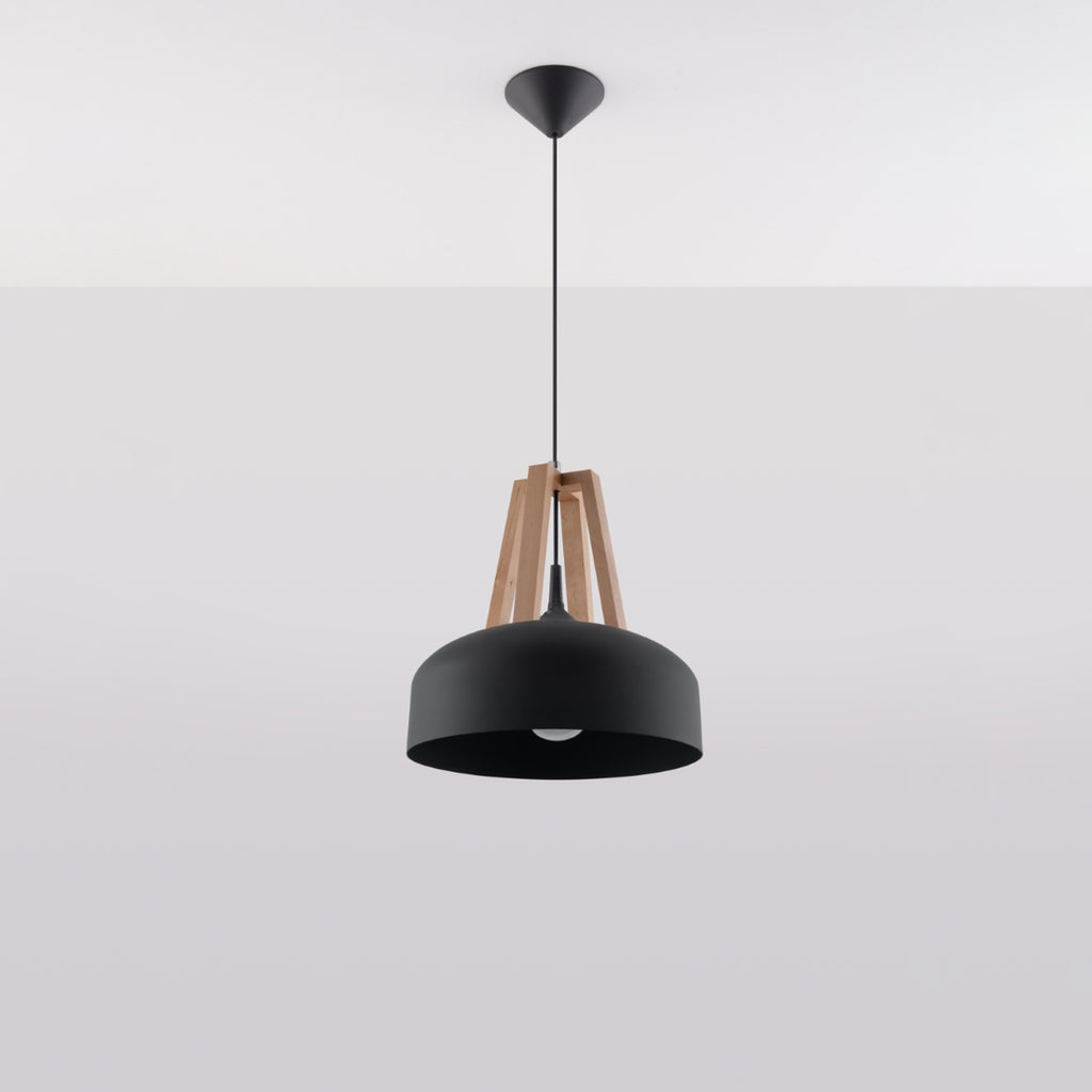 Suspension Casco métal noir et bois naturel, vue de profil