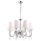 Suspension lustre Charlotte à huit bras chromés avec abat-jour en tissu blanc boules et pampilles de verre