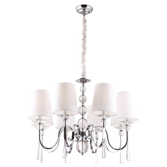 Suspension lustre Charlotte à huit bras chromés avec abat-jour en tissu blanc boules et pampilles de verre