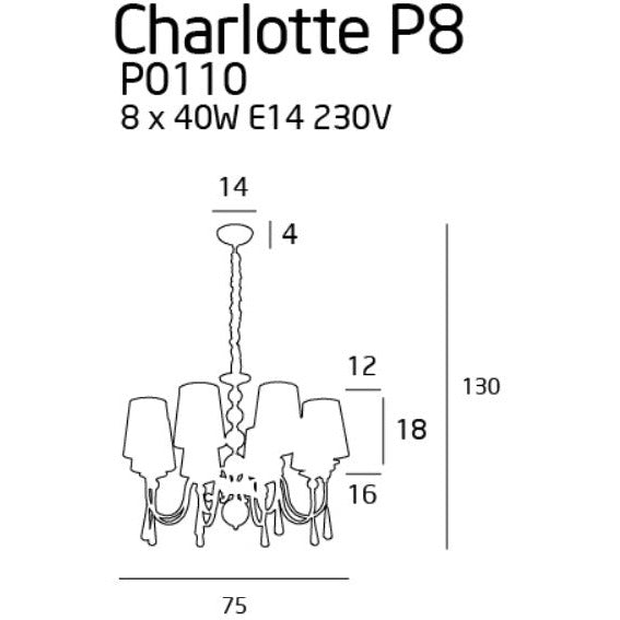 Dimensions Suspension Charlotte 8 lumières métal chromé E14 75 cm