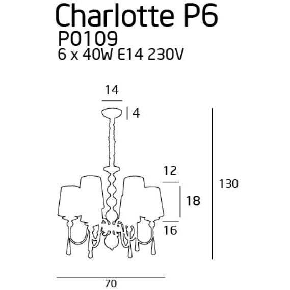 Schéma coté de la suspension Charlotte hauteur 130 cm diamètre 70 cm abat-jours de 18 cm
