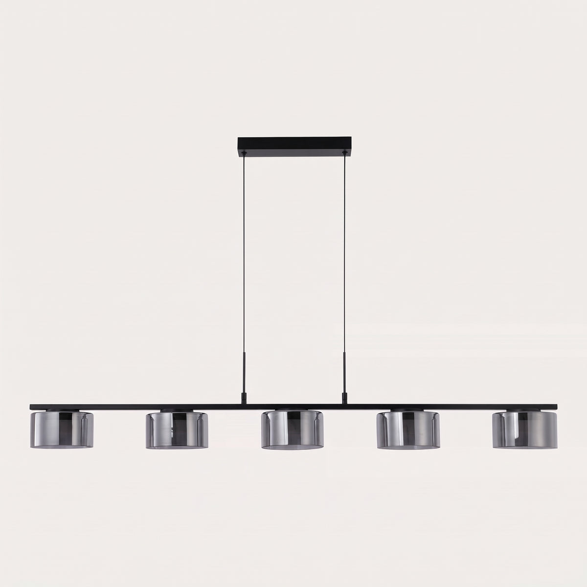 Suspension Cholet rampe LED à cinq cylindres en verre fumé et barre en acier noir, éteinte sur fond clair