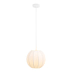 Suspension Coventry boule blanche résine nervurée allumée lumière douce, fond blanc