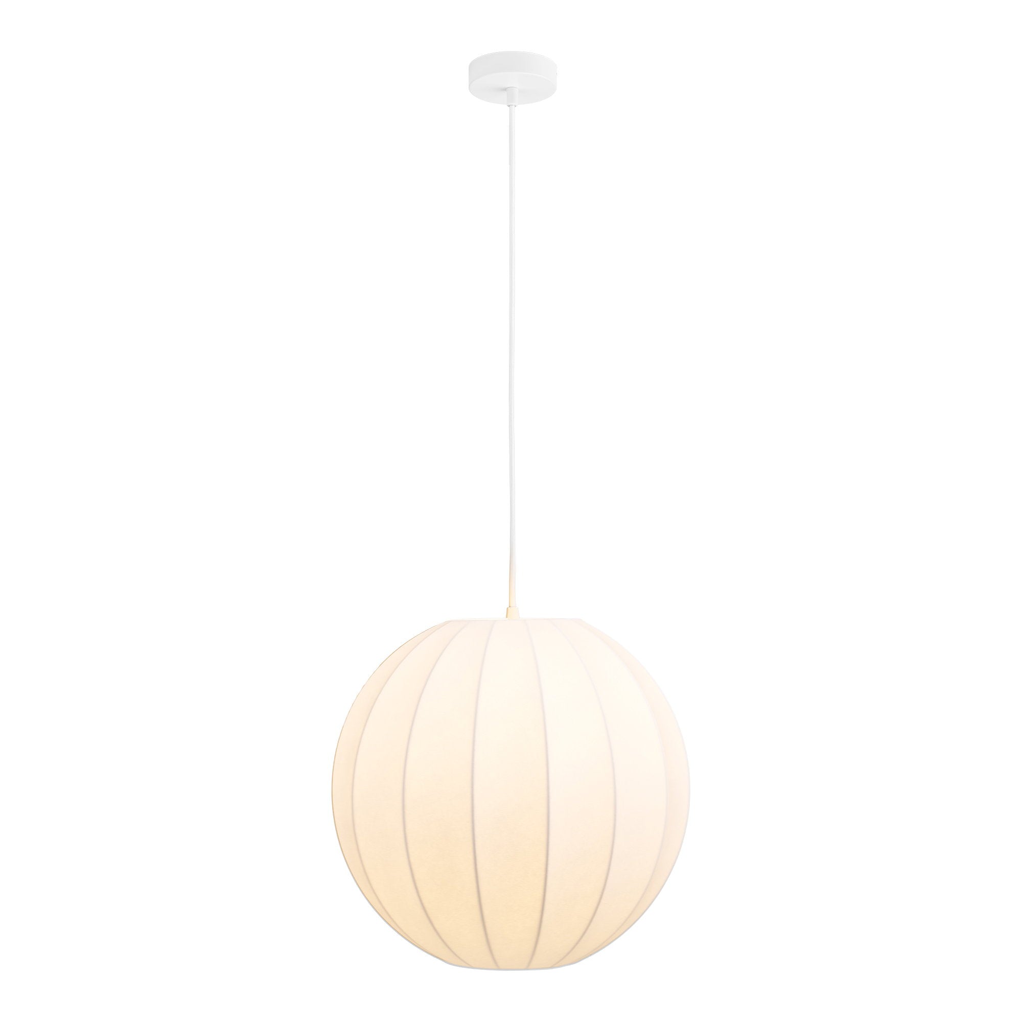 Suspension Coventry sphère blanche résine nervurée allumée lumière douce, fond blanc