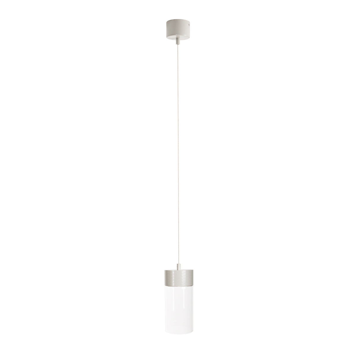 Suspension Fusion métal gris bague à motif de losanges et cylindre de verre transparent sur fond blanc