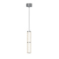 Suspension Love détourée avec son cylindre d'acrylique effet glace cerclé de bagues chromées sous sa rosace ronde