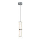 Suspension Love détourée avec son cylindre d'acrylique effet glace cerclé de bagues chromées sous sa rosace ronde