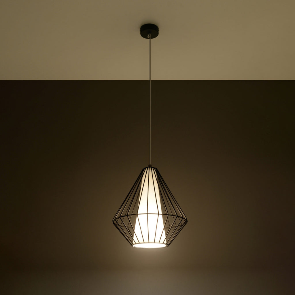 Suspension Demi en métal noir allumée avec ampoule à filament apparente