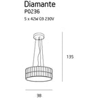 Schéma coté suspension Diamante diamètre 38 cm hauteur 135 cm cinq ampoules G9