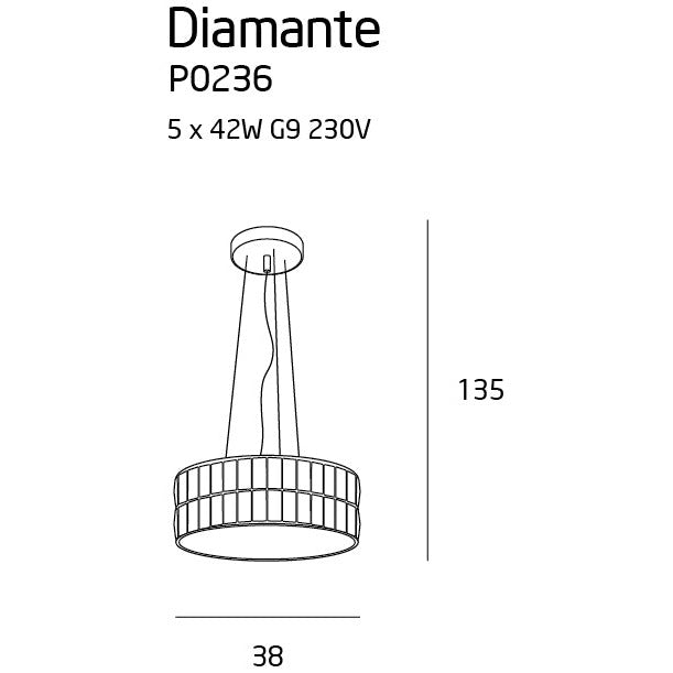Schéma coté suspension Diamante diamètre 38 cm hauteur 135 cm cinq ampoules G9