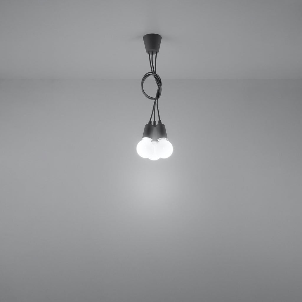 Suspension Diego 3 grise allumée diffusant une lumière douce