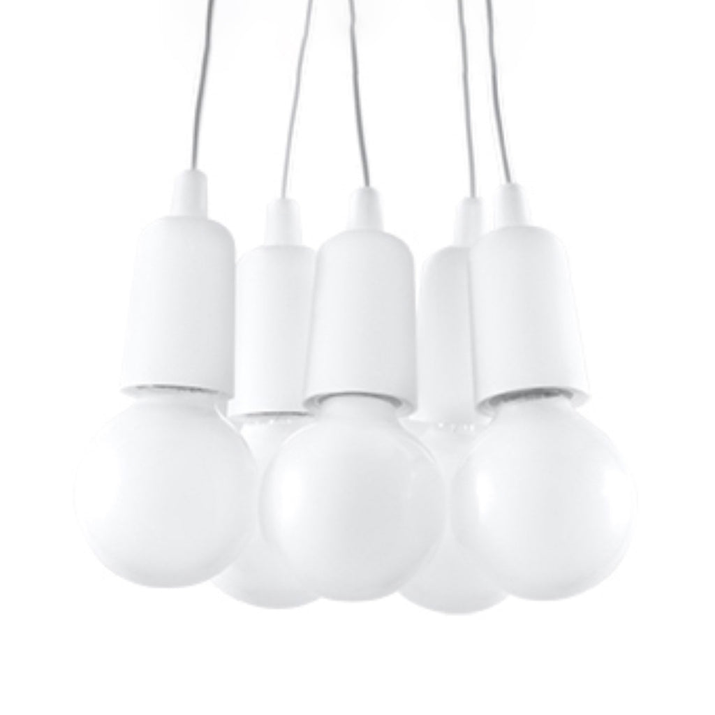Suspension Diego 5 en blanc, cinq ampoules décoratives groupées