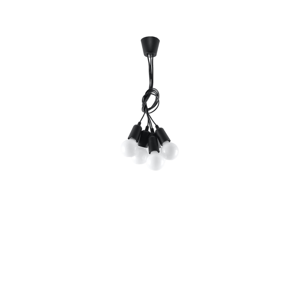 Suspension Diego 5 lumières en PVC noir vue détourée avec les câbles noués en boucle