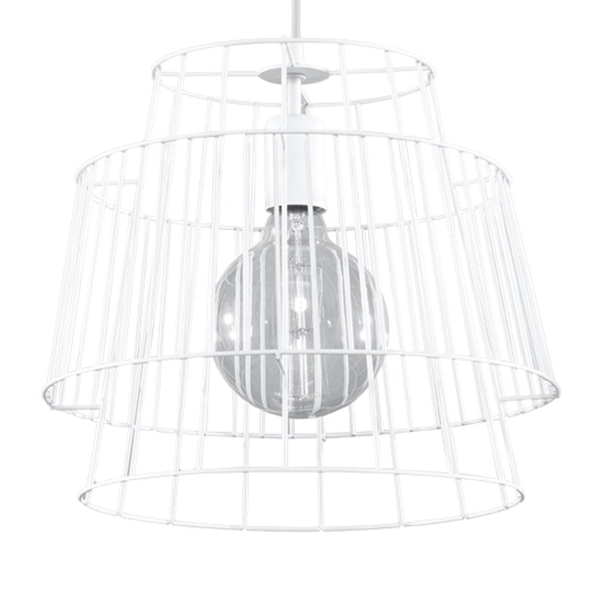 Suspension double cage Gate métal blanc en gros plan deux tambours en fil d'acier et ampoule globe apparente