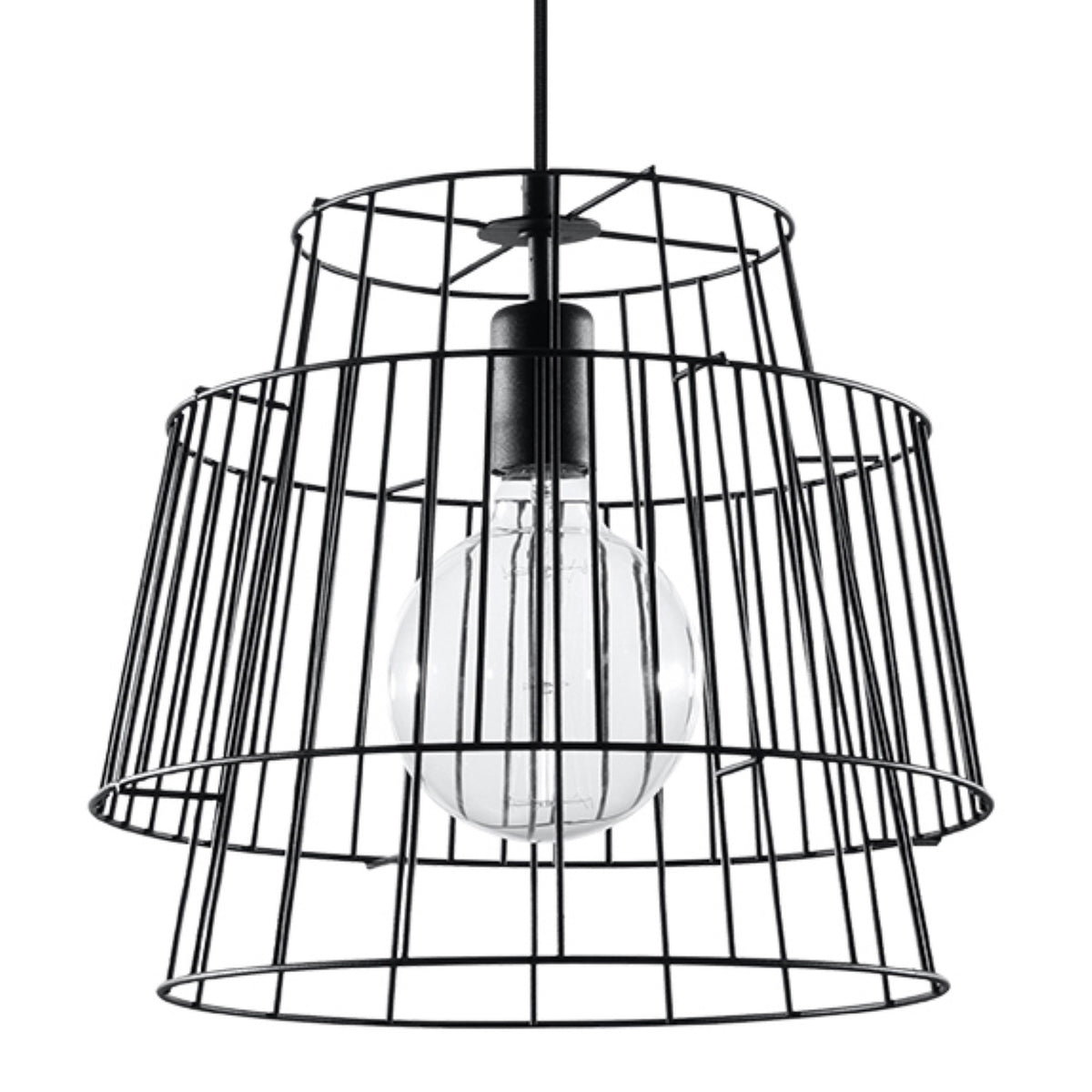 Suspension double cage Gate métal noir en gros plan deux tambours en fil d'acier et ampoule globe apparente