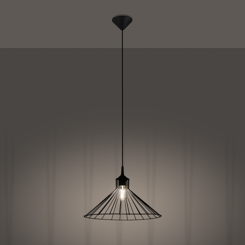 Suspension Eda métal noir E27 allumée, ampoule E27 apparente