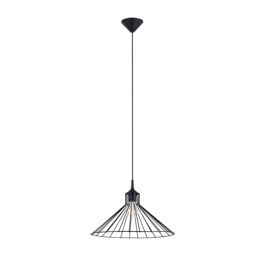 Suspension Eda métal noir E27, abat-jour cage conique en fil d'acier noir, ampoule E27 apparente