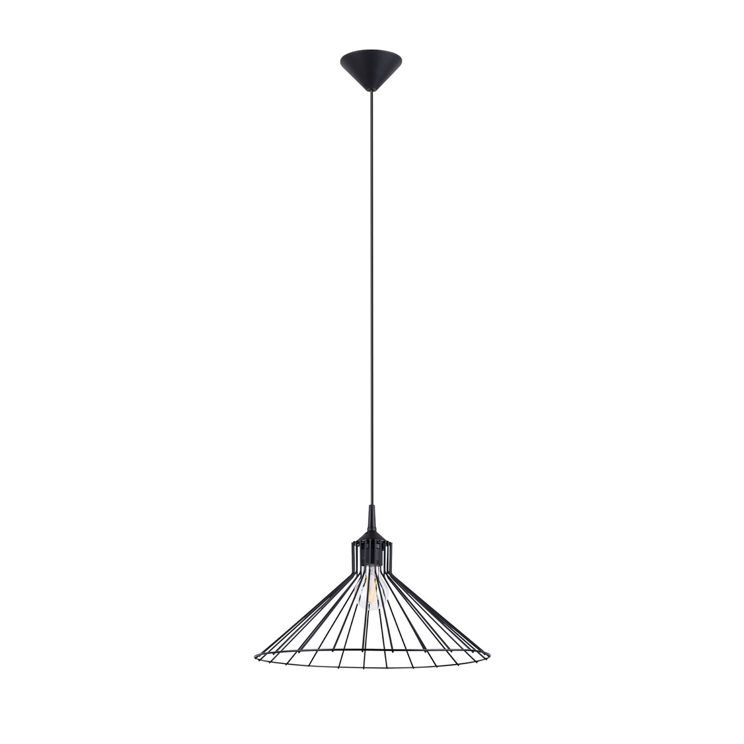 Suspension Eda métal noir E27, abat-jour cage conique en fil d'acier noir, ampoule E27 apparente