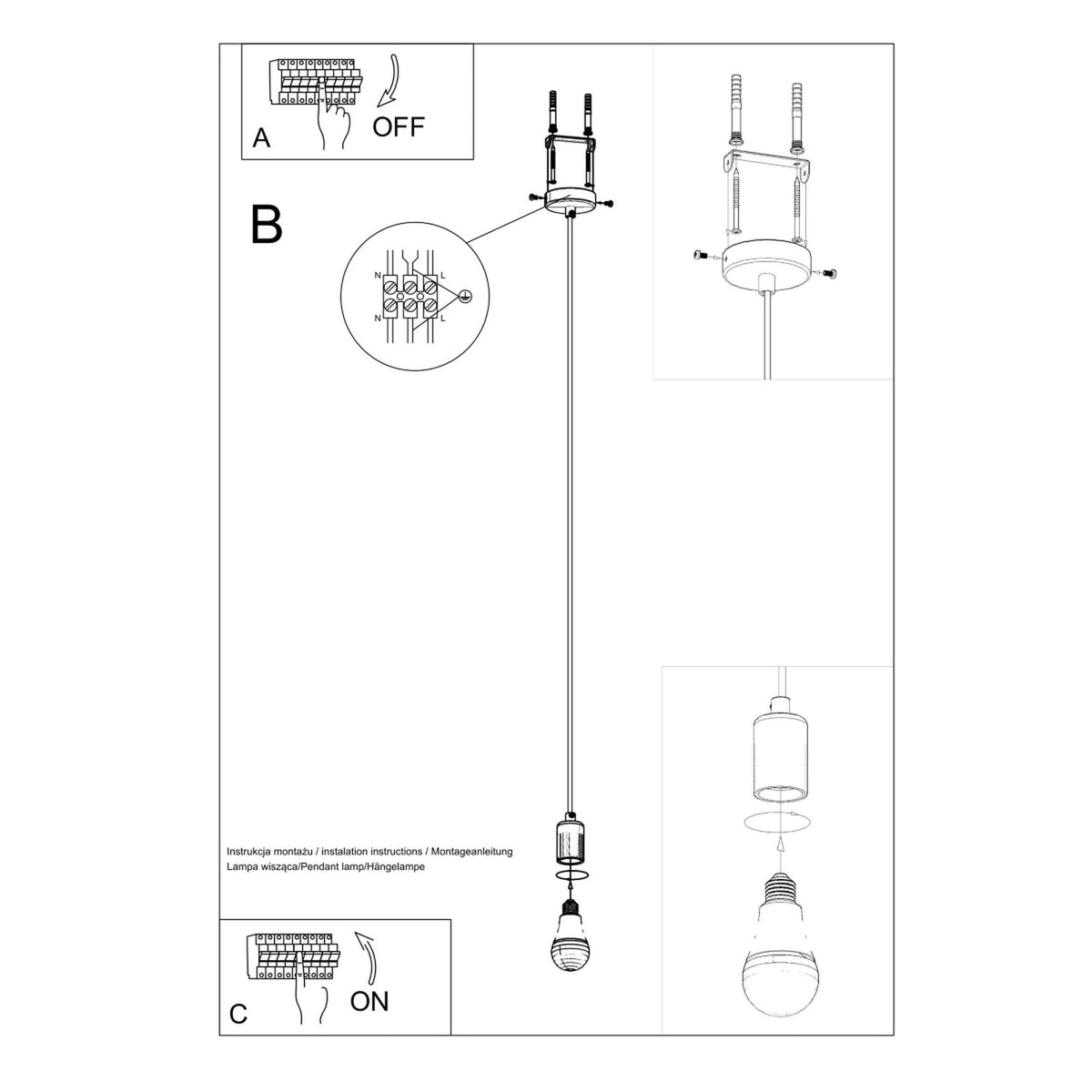 Schéma de montage de la suspension Edison fixation au plafond raccordement et ampoule à visser