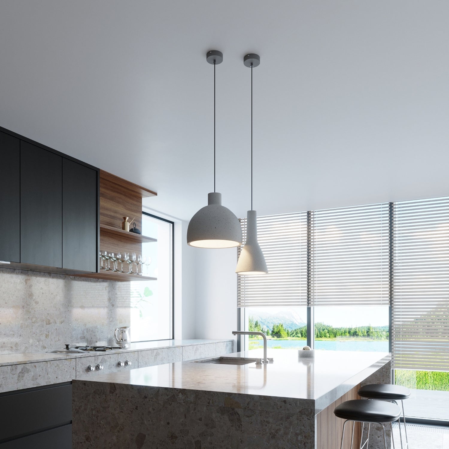 Suspension Empoli en béton dans une cuisine contemporaine lumineuse
