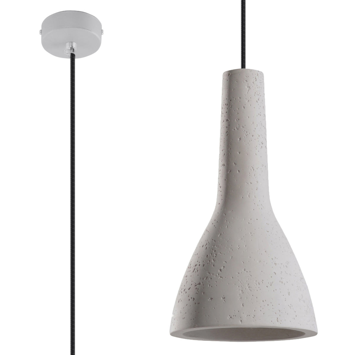 Suspension Empoli en béton gris clair piqueté avec câble noir et détail de la rosace grise