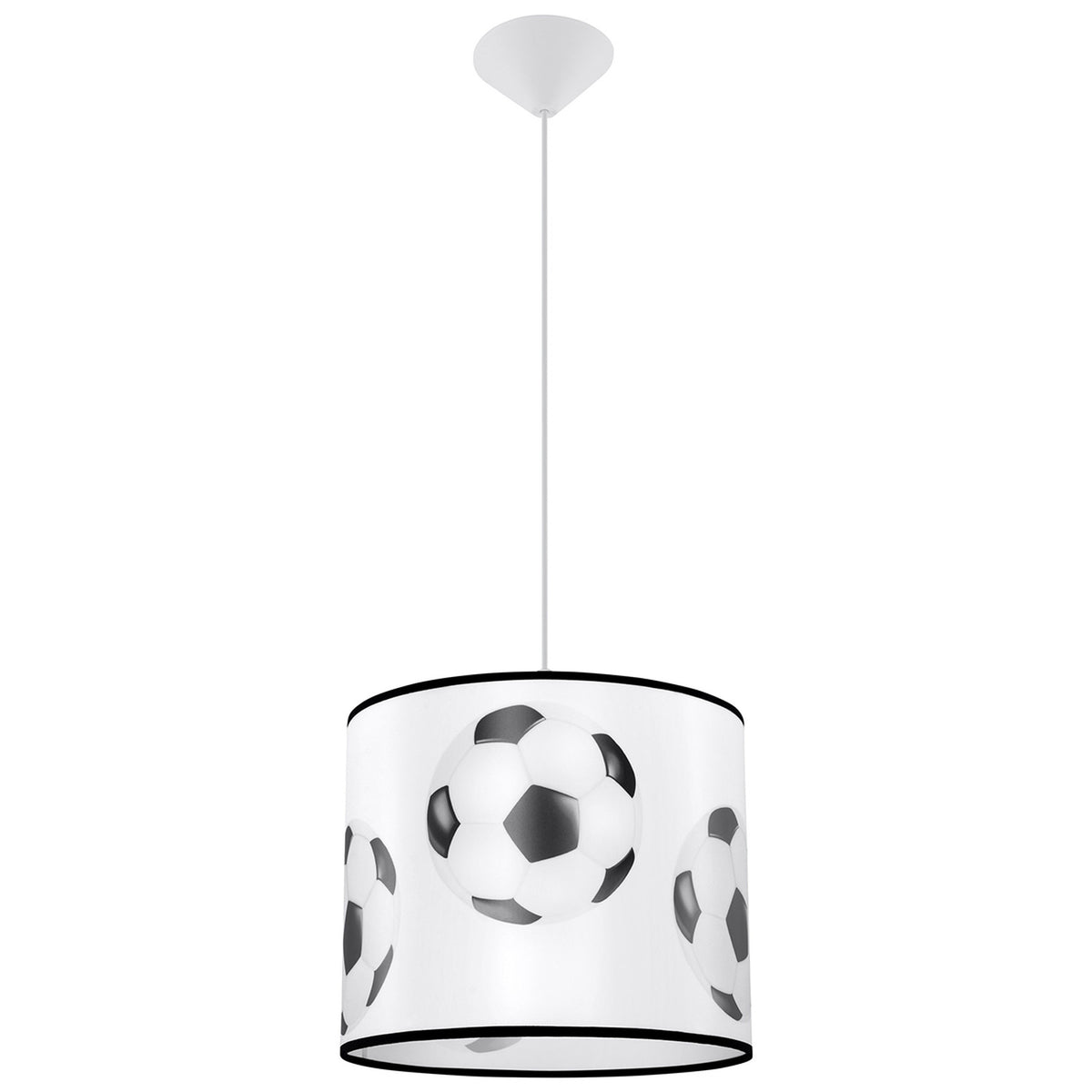Suspension enfant abat-jour tambour blanc imprimé de ballons de foot avec rosace conique blanche