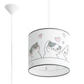 Suspension enfant abat-jour tambour blanc imprimé de chats et de cœurs roses avec rosace conique blanche sur fond blanc