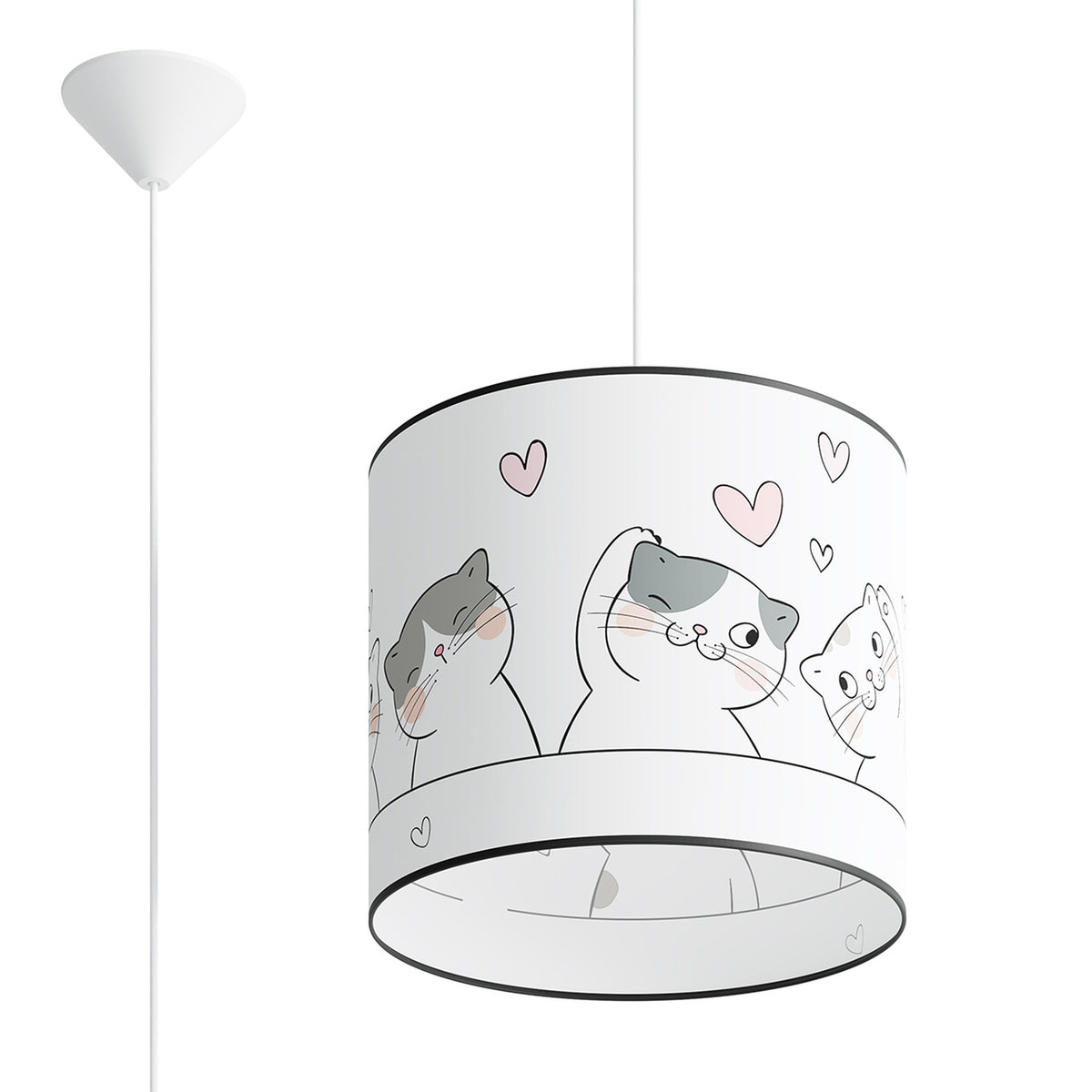 Suspension enfant abat-jour tambour blanc imprimé de chats et de cœurs roses avec rosace conique blanche sur fond blanc