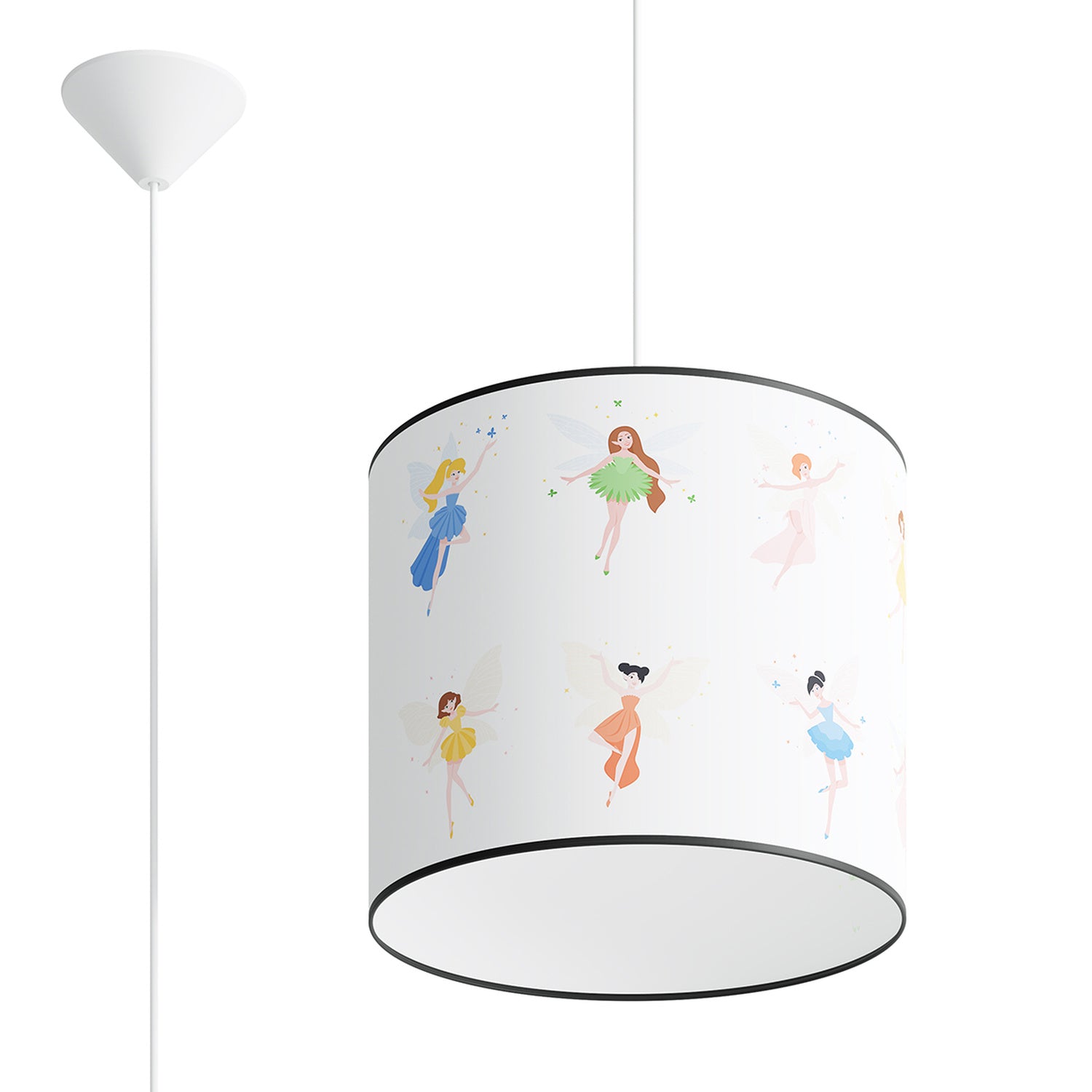 Suspension enfant fées 30 cm E27, abat-jour tambour en tissu imprimé de petites fées ailées