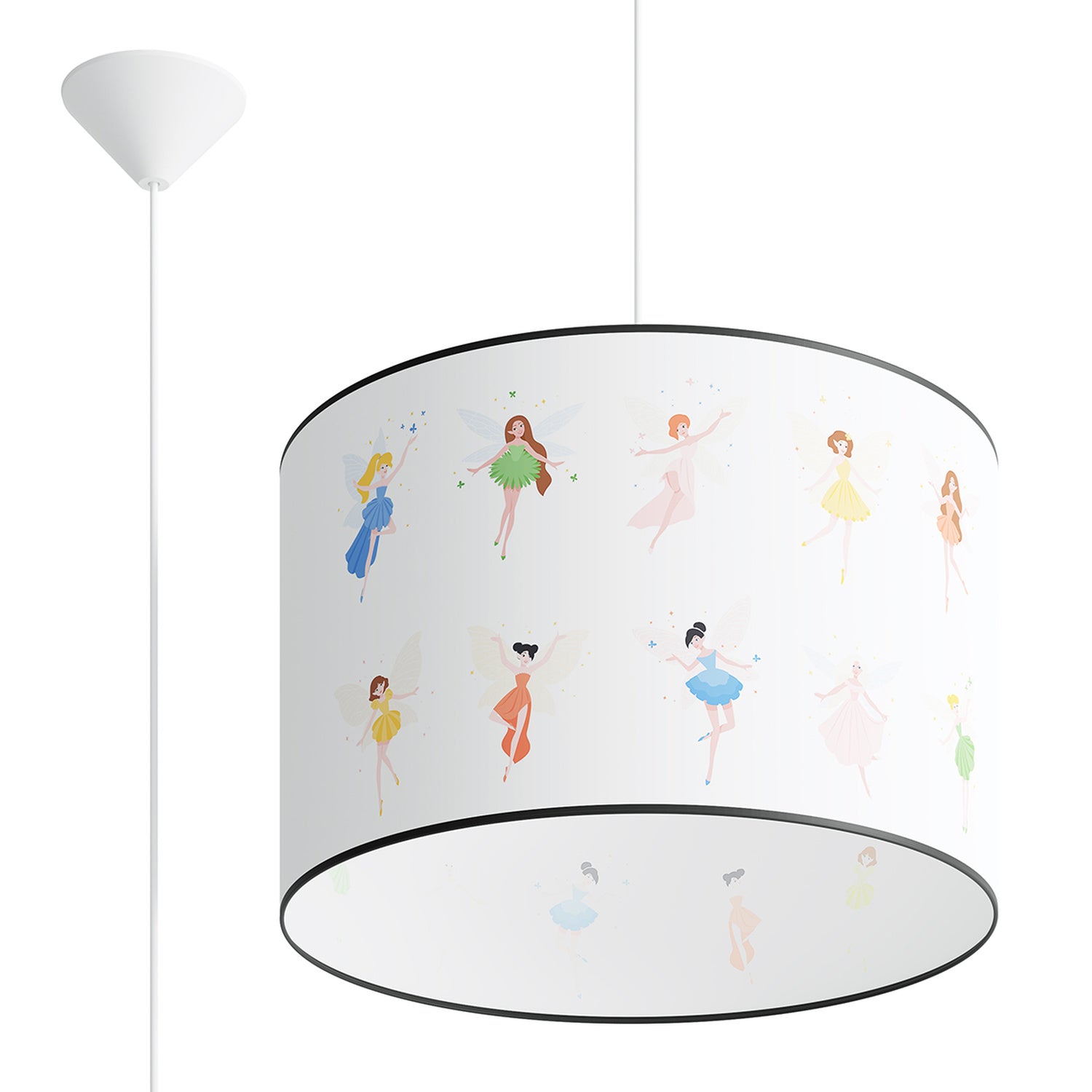 Suspension enfant fées 40 cm E27, abat-jour tambour en tissu imprimé de petites fées ailées