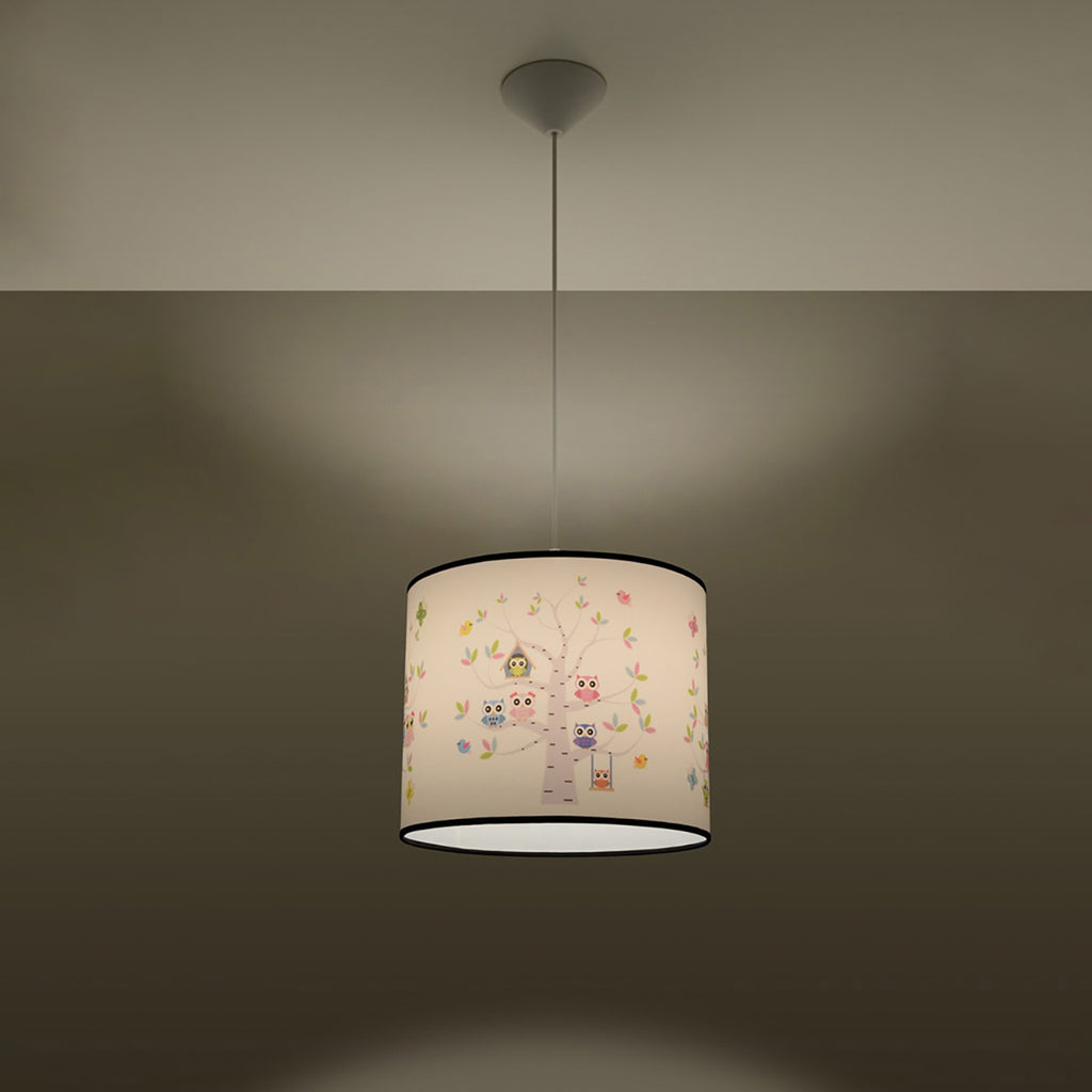 Suspension enfant hiboux 30 cm E27 allumée, lumière douce et motif révélé